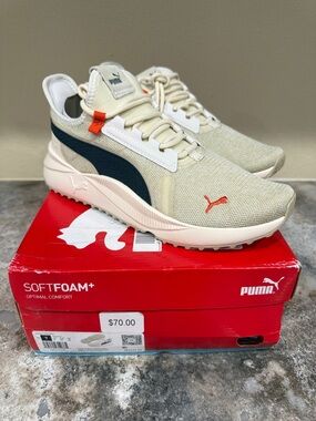 Puma Men's Athletic Shoes Beige Navy with Orange Accents
